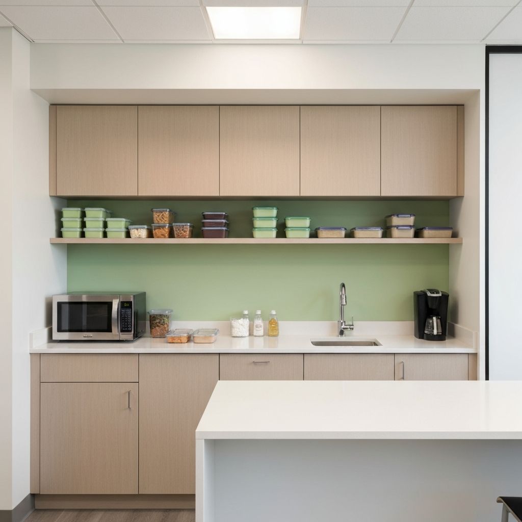 Office break room with lunch preparation area